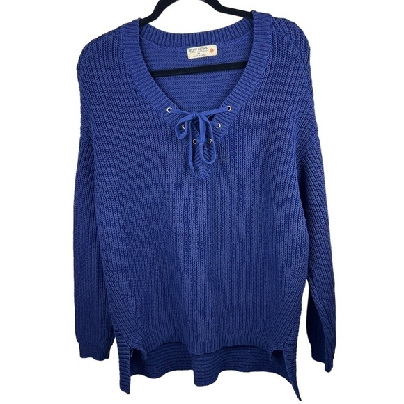 Y2K RUFF HEWN Chunky Ribbed Oversized Blue Sweater Size XL 1X V-Neck Pullover - Picture 9 of 9
